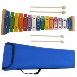 CYMBAŁKI DZWONKI SZKOLNE DIATONICZNE 15 - tonowe + drewniane pałeczki + pokrowiec niebieski