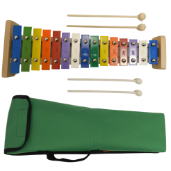 CYMBAŁKI DZWONKI SZKOLNE DIATONICZNE 15 - tonowe + drewniane pałeczki + pokrowiec zielony