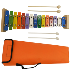 CYMBAŁKI DZWONKI SZKOLNE DIATONICZNE 15 - tonowe + drewniane pałeczki + pokrowiec pomarańczowy