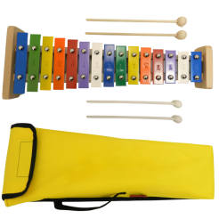 CYMBAŁKI DZWONKI SZKOLNE DIATONICZNE 15 - tonowe + drewniane pałeczki + pokrowiec żółty